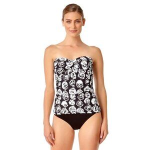NWTD Anne Cole XS Coming Up Roses Twist Tankini Bandeaukini Black & White 87582